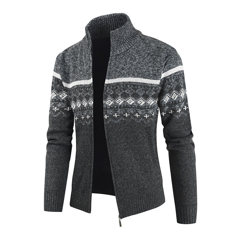 Herren modische Strickjacke mit hohem Kragen und grafischem Muster ModeGeist