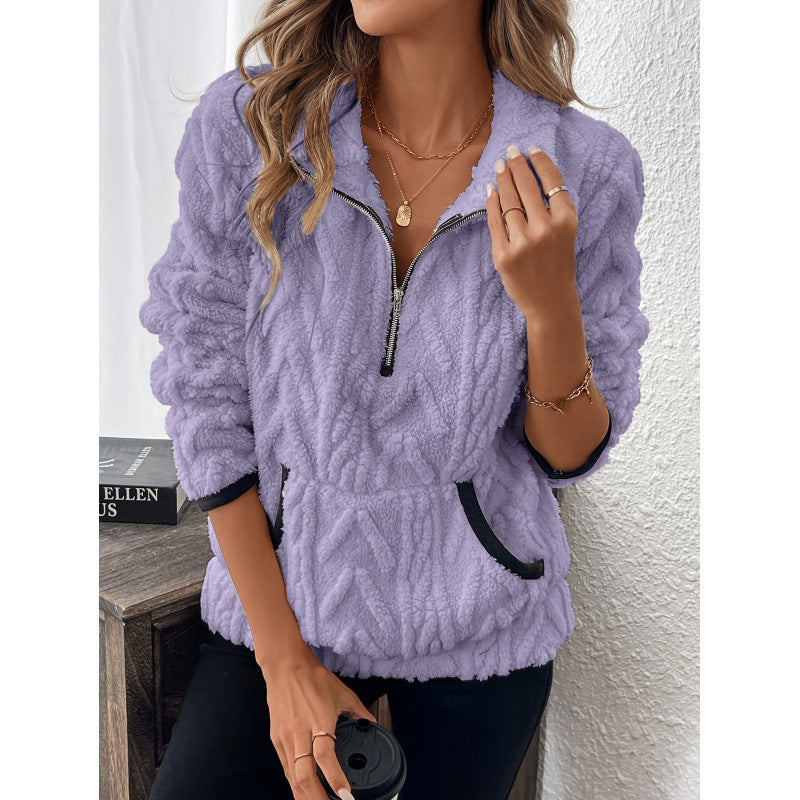 Damen flauschiger Teddy-Pullover mit halbem Reißverschluss und hohen Kragen ModeGeist
