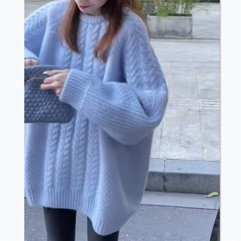 Damen Grobstrickpullover mit modischem Zopfmuster und überschnittenen Schultern ModeGeist