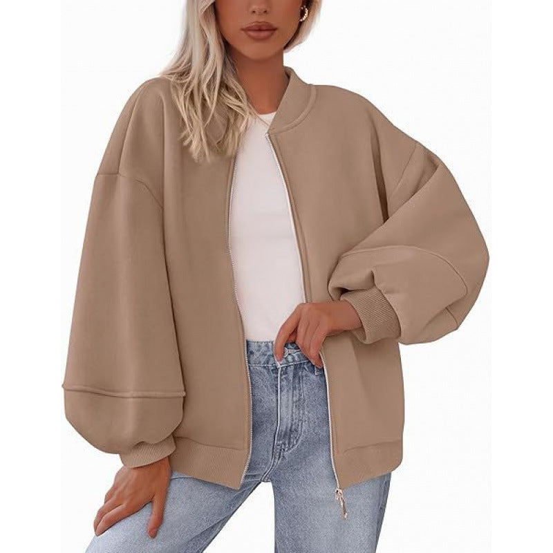 Damen lässige Oversized-Jacke mit Reißverschluss und ballonen Ärmeln ModeGeist