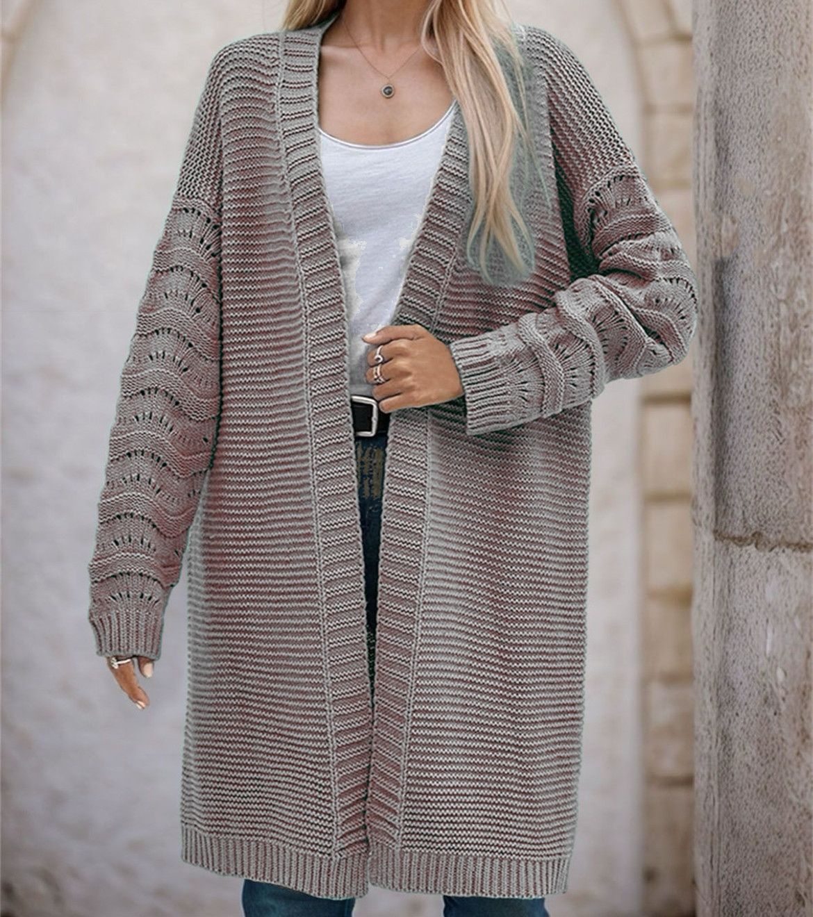 Damen Langer Strickcardigan mit luftiger Maschenstruktur und offener Front ModeGeist