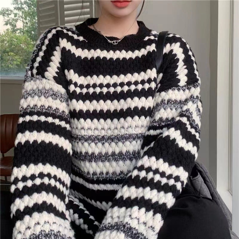 Damen gemusterter Strickpullover mit strukturiertem Gewebe und lässigem Schnitt ModeGeist