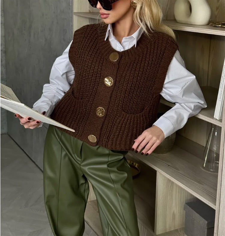 Damen Strickweste mit eleganten Knöpfen und praktischen Taschen ModeGeist