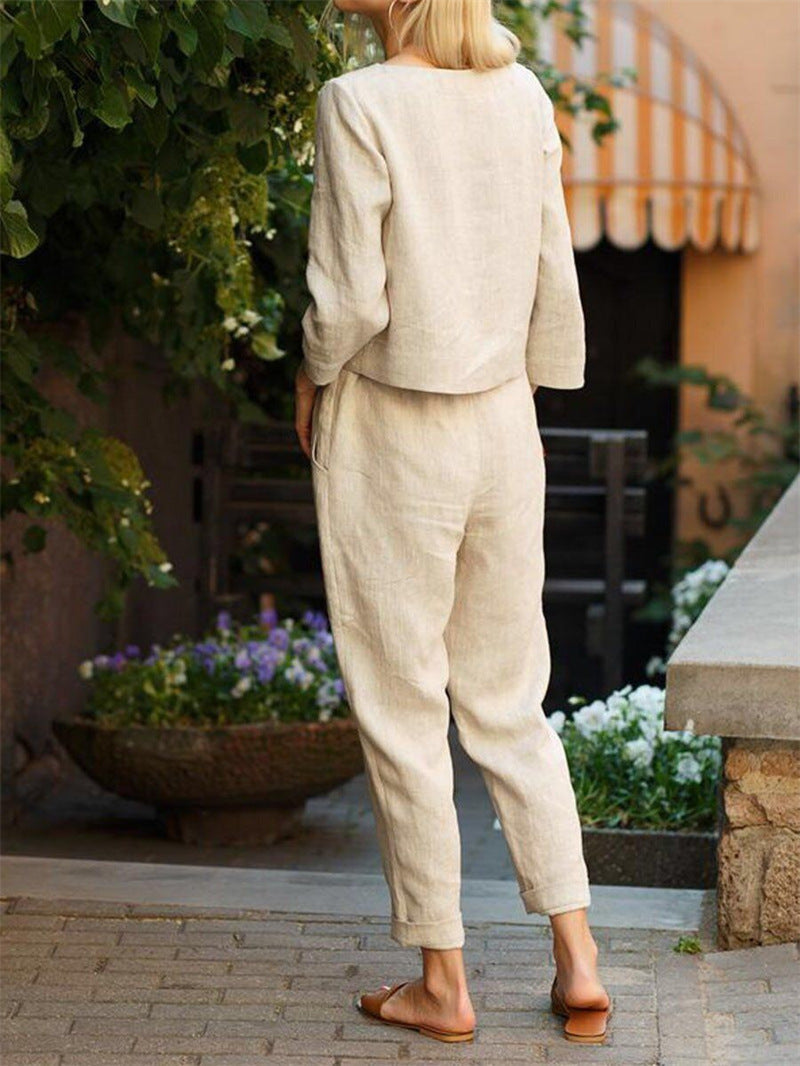 Damen Lässiges Zweiteiliges Leinen-Outfit mit breitem Bund ModeGeist