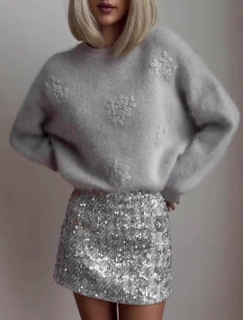 Damen Glamouröser Paillettenrock mit floralem Detail ModeGeist