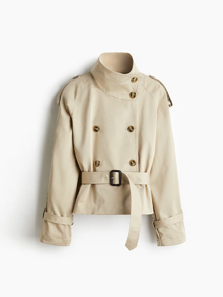 Damen trendige Kurzjacke im modernen Trenchcoat-Stil mit breitem Kragen und Taillengürtel ModeGeist