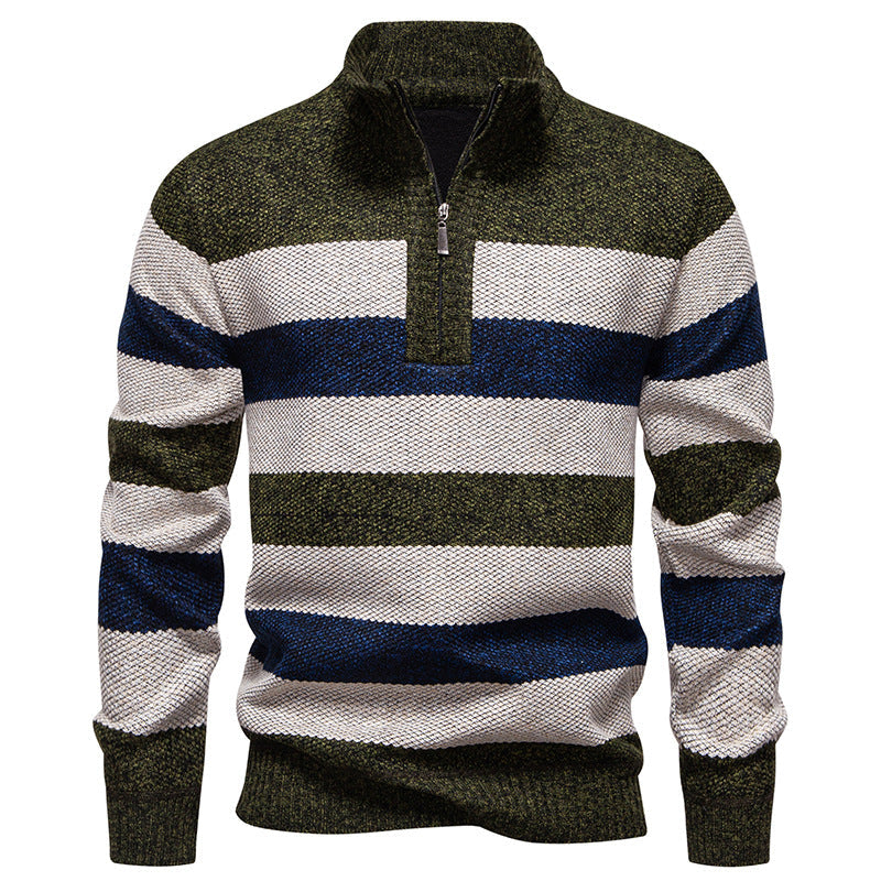 Herren modischer Strickpullover mit halbhohem Kragen und kontrastierenden Streifen ModeGeist