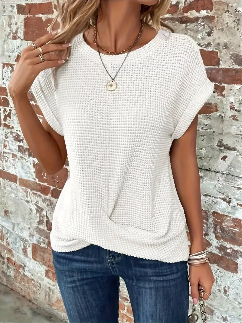 MODEGEIST Damen T-Shirt Waffelstrick Beige Kurze Ärmel
