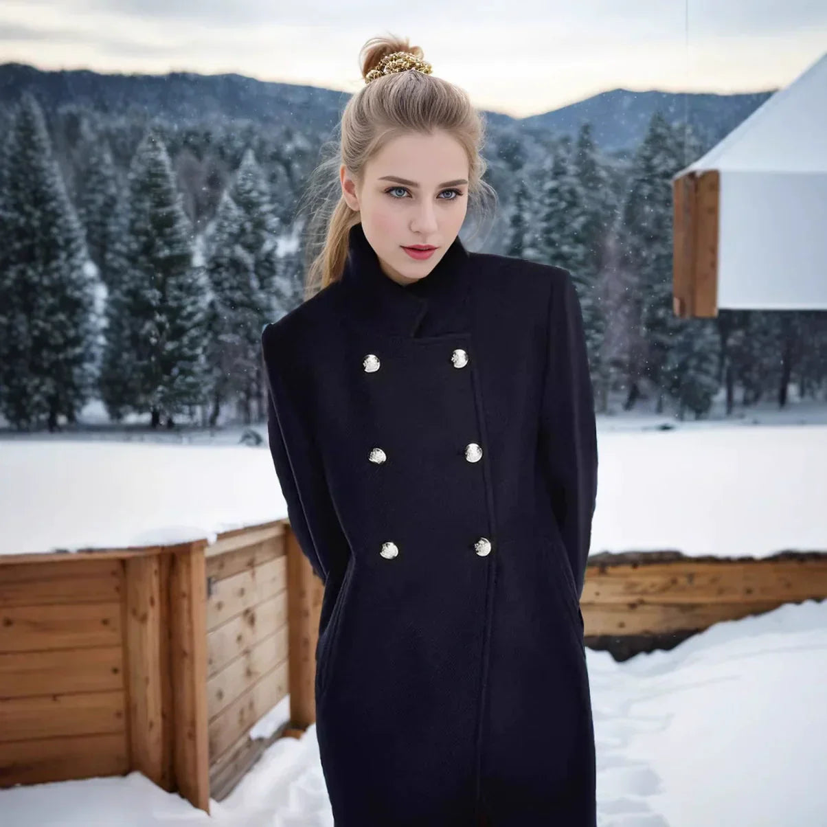 ModeGeist | Damenwolljacke mit Doppelten Knöpfen und Hohem Kragen