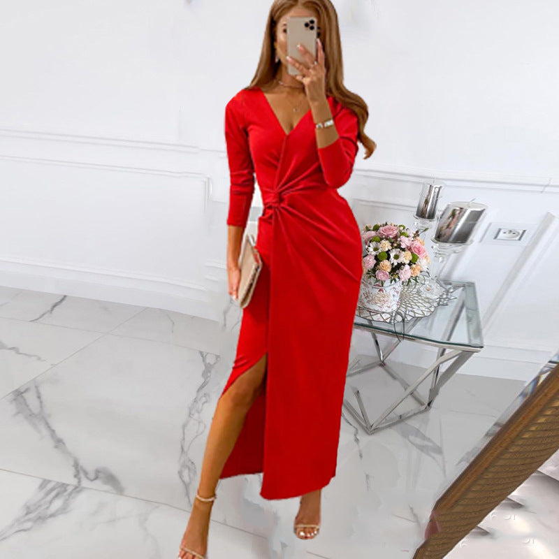 Damen elegantes Wickelkleid mit tiefem V-Ausschnitt und hohem Schlitz ModeGeist