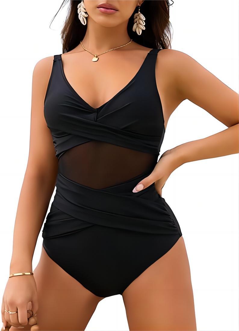 Modischer Damen-Badeanzug mit elegantem Mesh-Einsatz und Wickeldesign von MODEGEIST