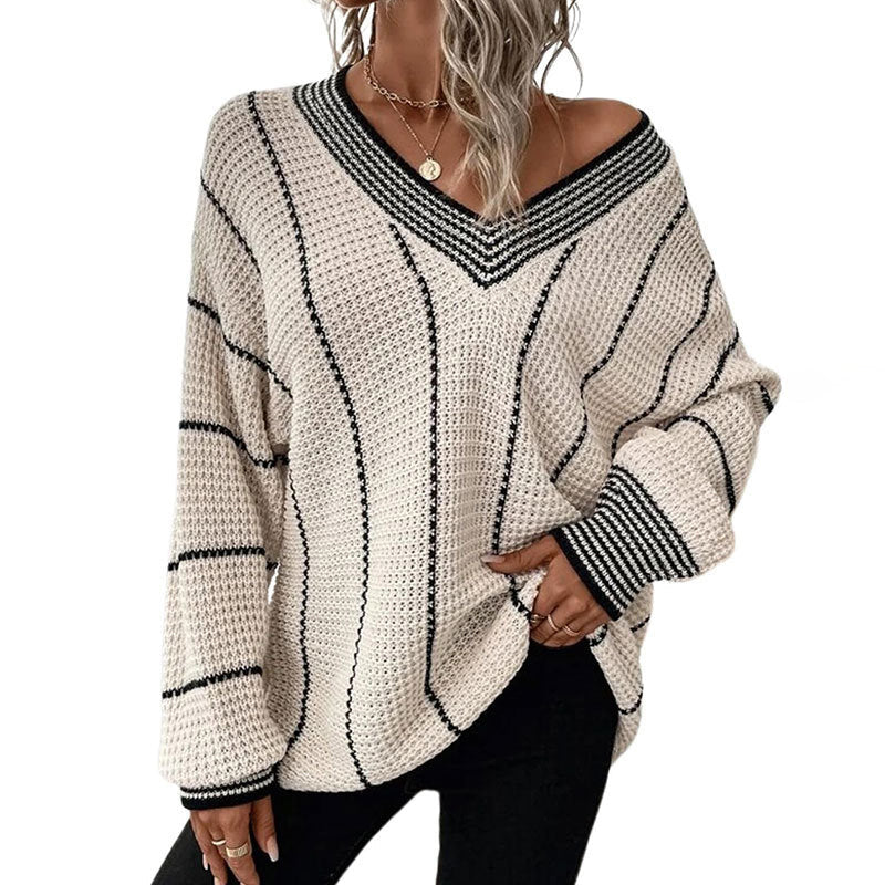 ModeGeist | Pullover - Damen Winter Gestreifter V-Ausschnitt Strickpullover