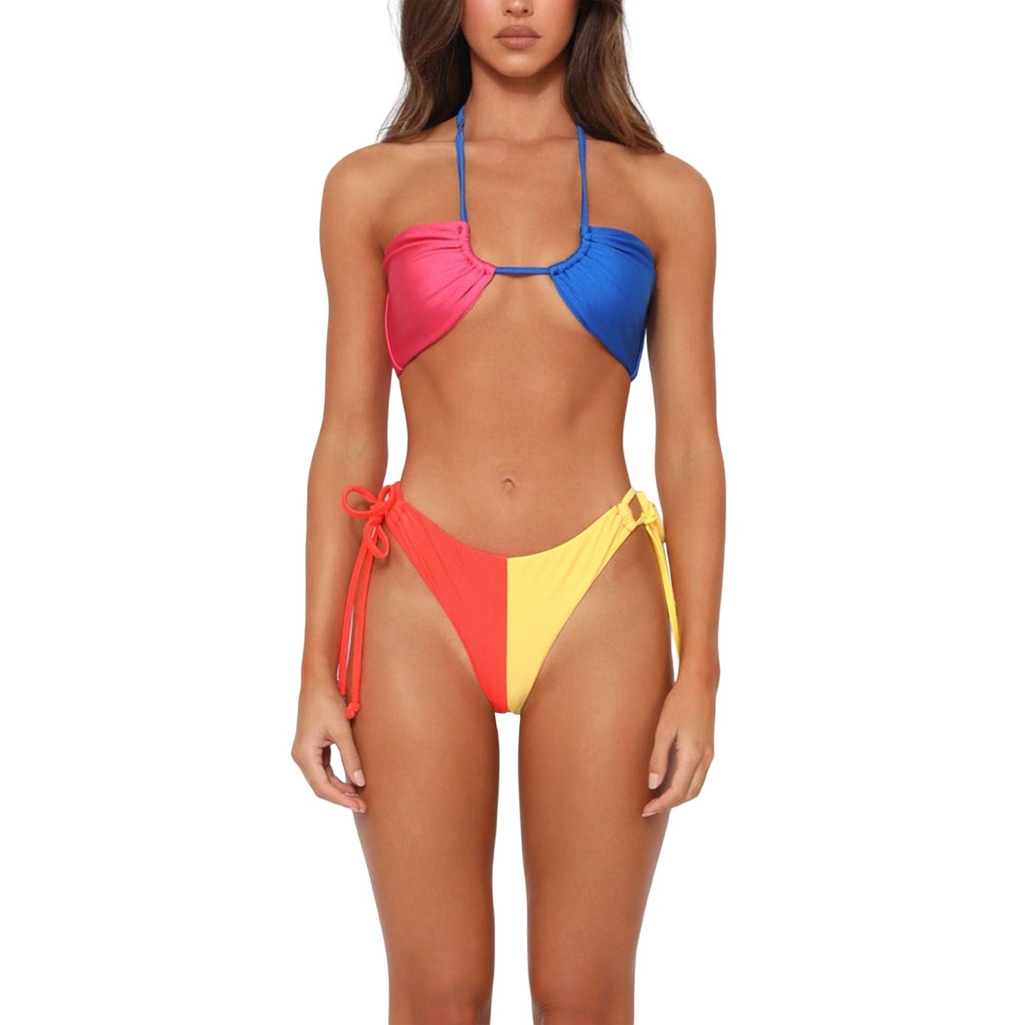 Bikini-Set für Damen: Buntes Bandeau-Oberteil, hoher Beinausschnitt, verstellbare Träger (MODEGEIST)