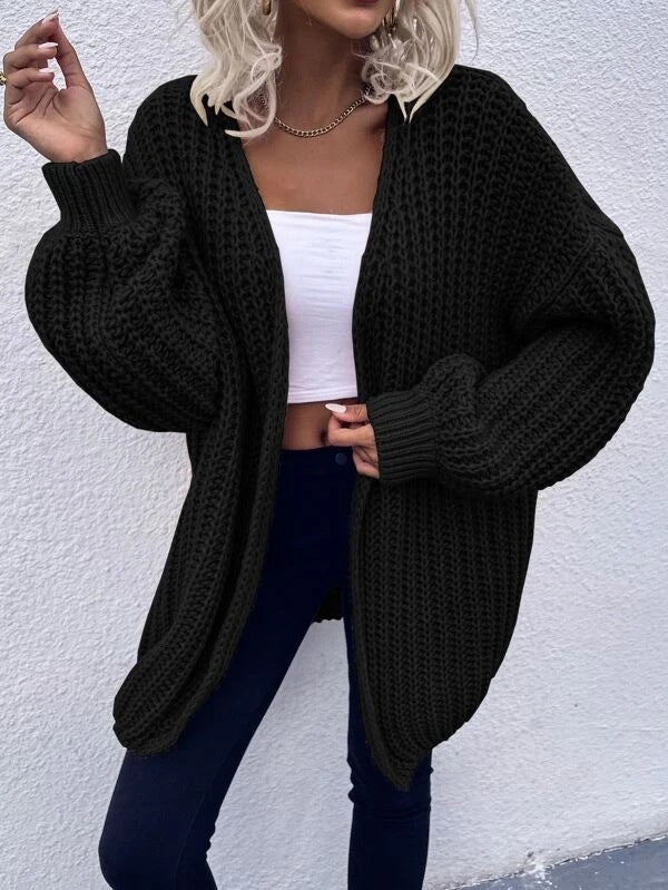 Damen lässiger Grobstrick-Cardigan mit tiefen Taschen und voluminösen Ärmeln ModeGeist
