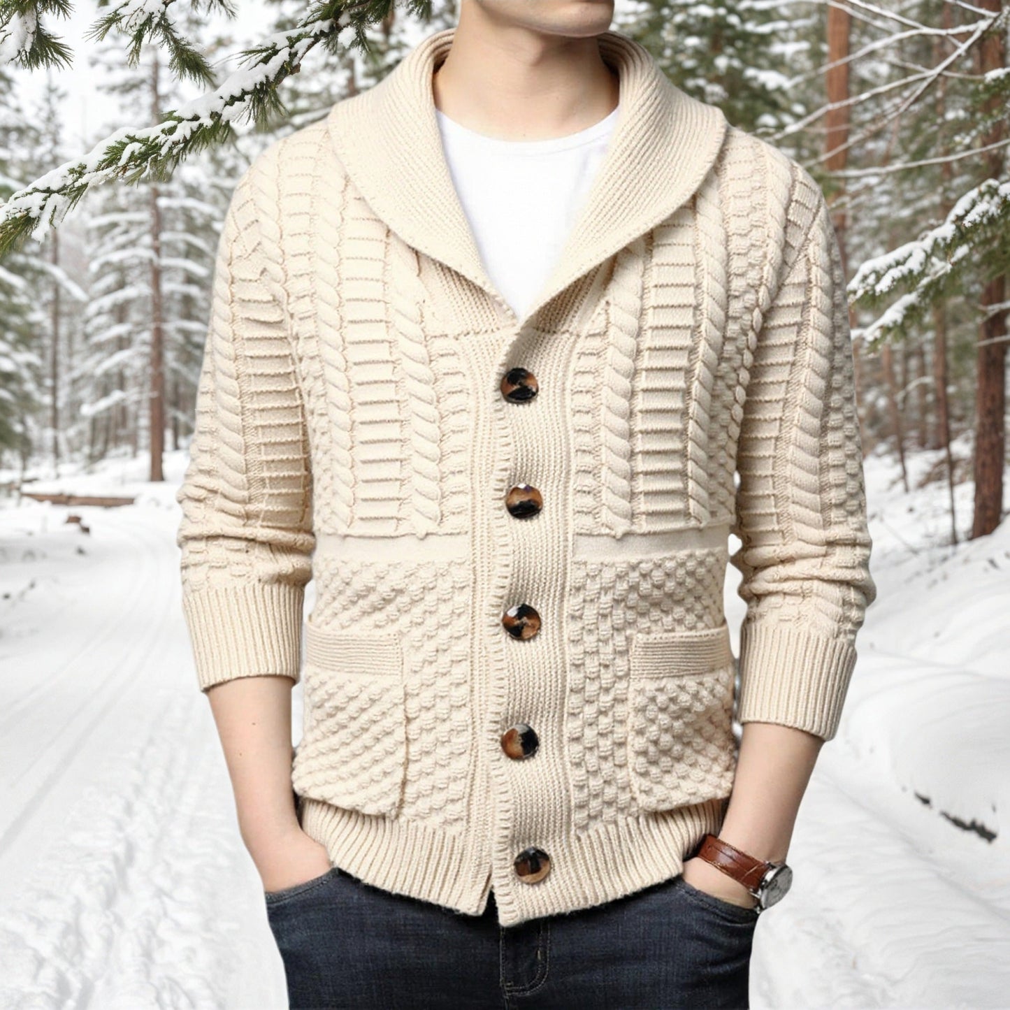 Herren modische Strickjacke mit tiefem V-Ausschnitt und stylishem Zopfdesign ModeGeist