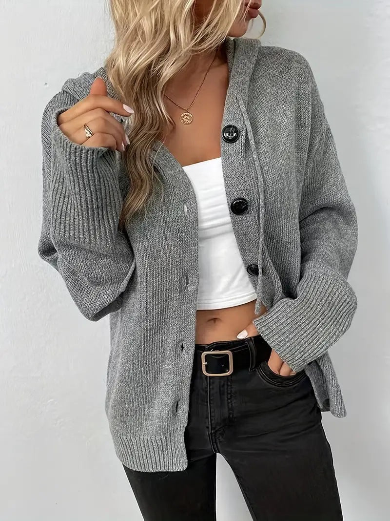Damen Strickjacke mit Kapuze und Knopfverschluss ModeGeist
