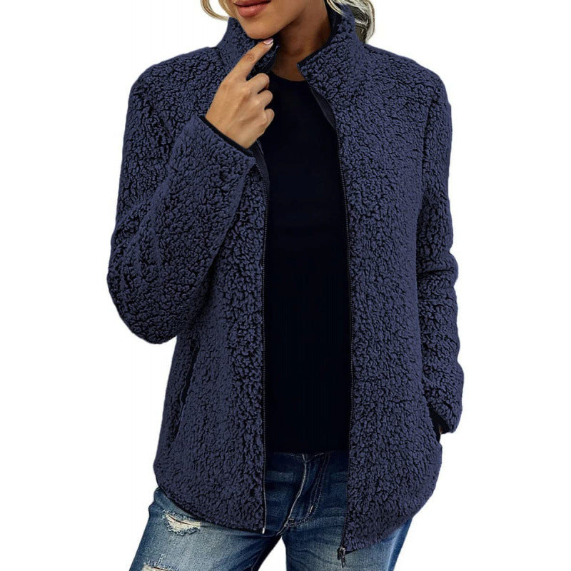 Damen flauschige Fleecejacke mit hohem Kragen und seitlichen Taschen ModeGeist