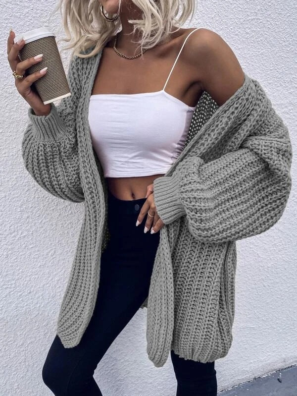 Damen lässiger Grobstrick-Cardigan mit tiefen Taschen und voluminösen Ärmeln ModeGeist
