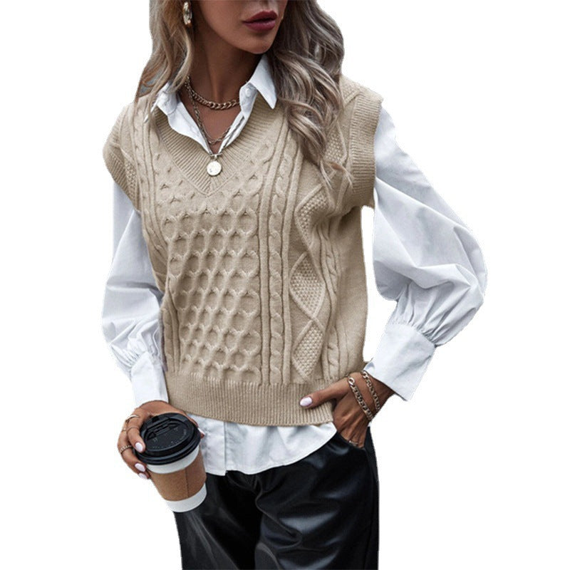 Damen Strickpullover mit Zopfmuster und V-Ausschnitt ModeGeist