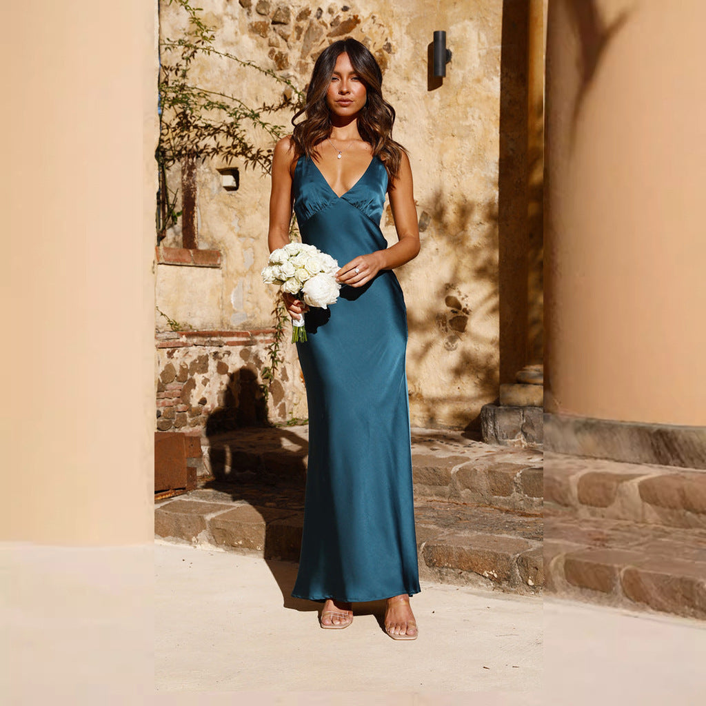Damen Satin Maxikleid mit eleganter V-Form und fließendem Schnitt ModeGeist