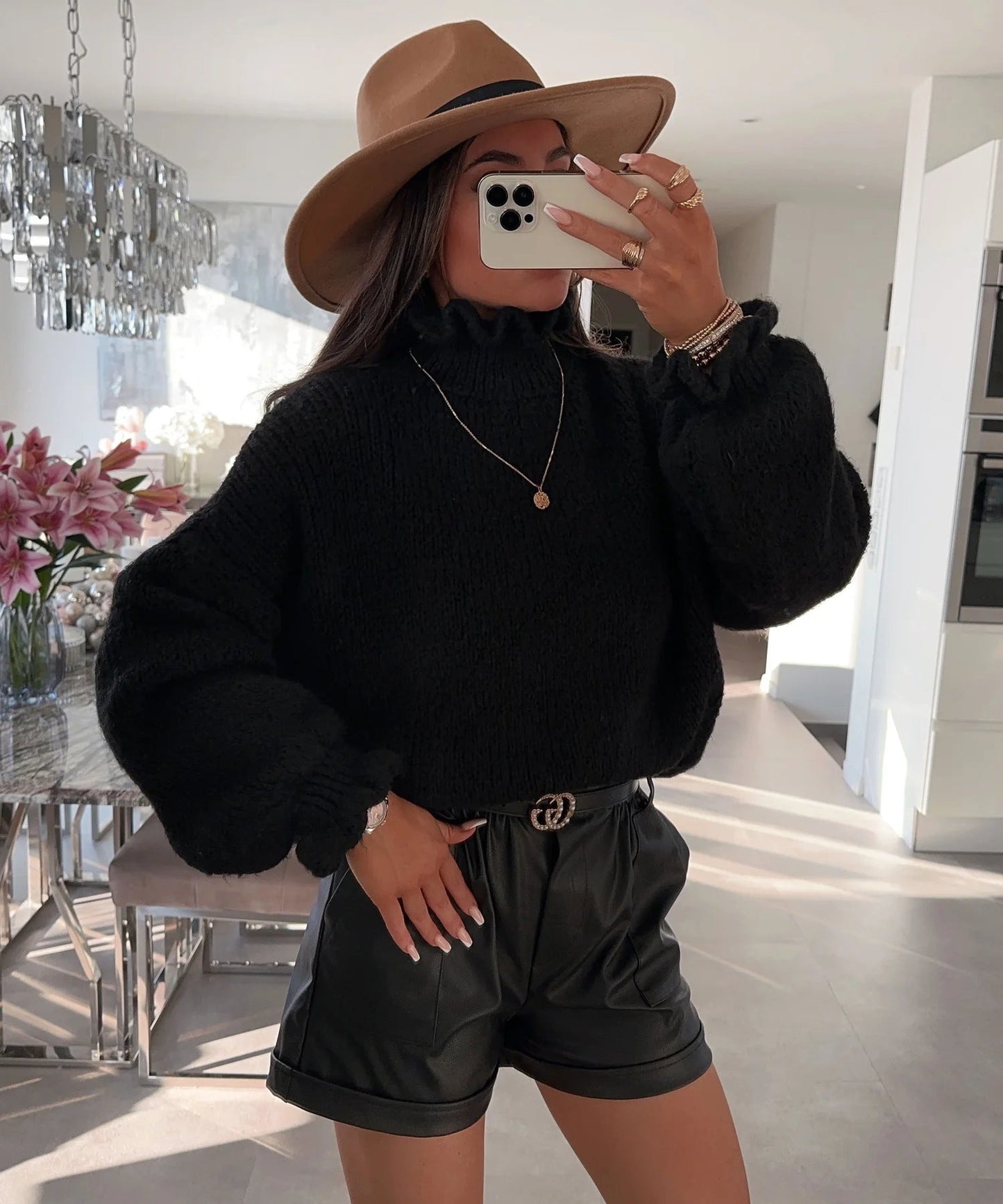 Damen kuscheliger Rollkragenpullover mit weiten Ärmeln und strukturellem Design ModeGeist
