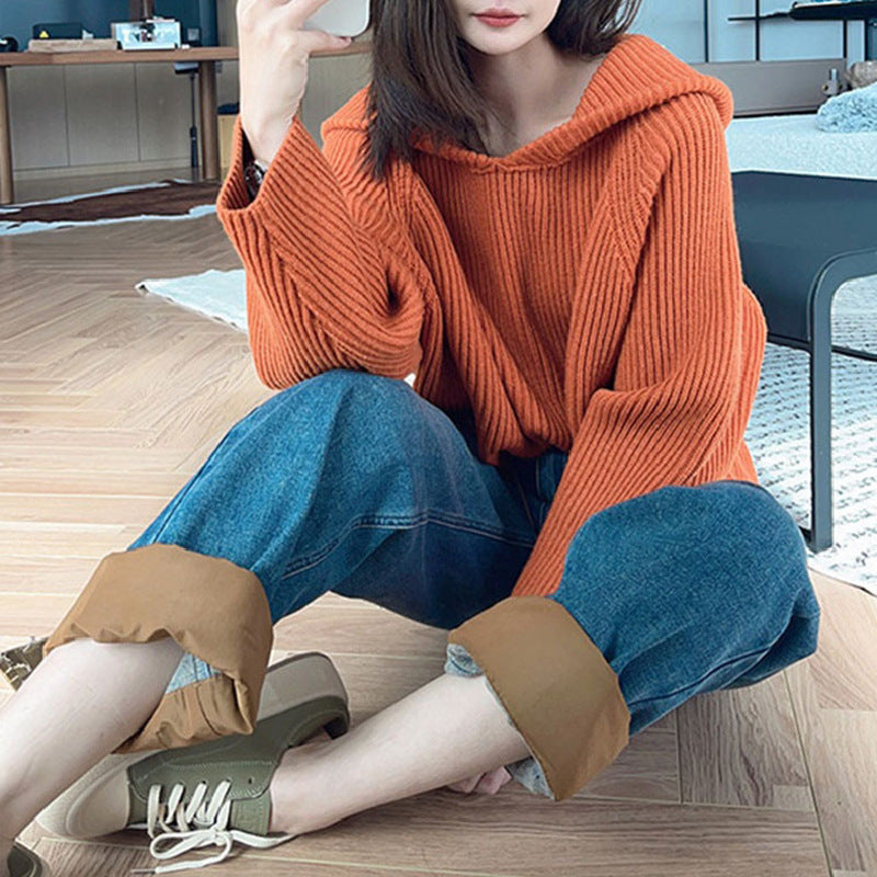 Damen lässiger Strickpullover mit Kapuze und weit geschnittenen Ärmeln ModeGeist