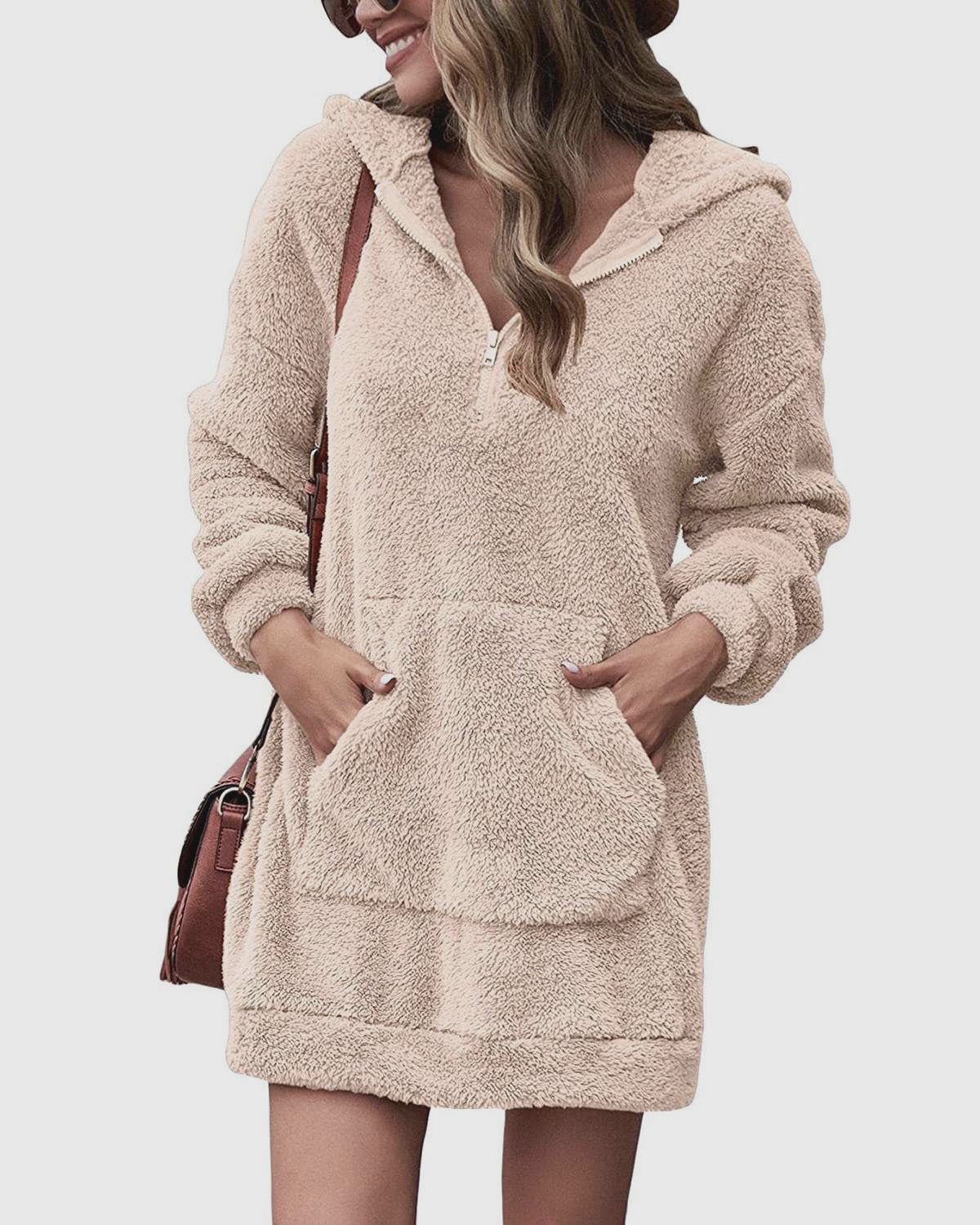 Damen Fleece-Kapuzenkleid mit Taschen und Reißverschluss ModeGeist