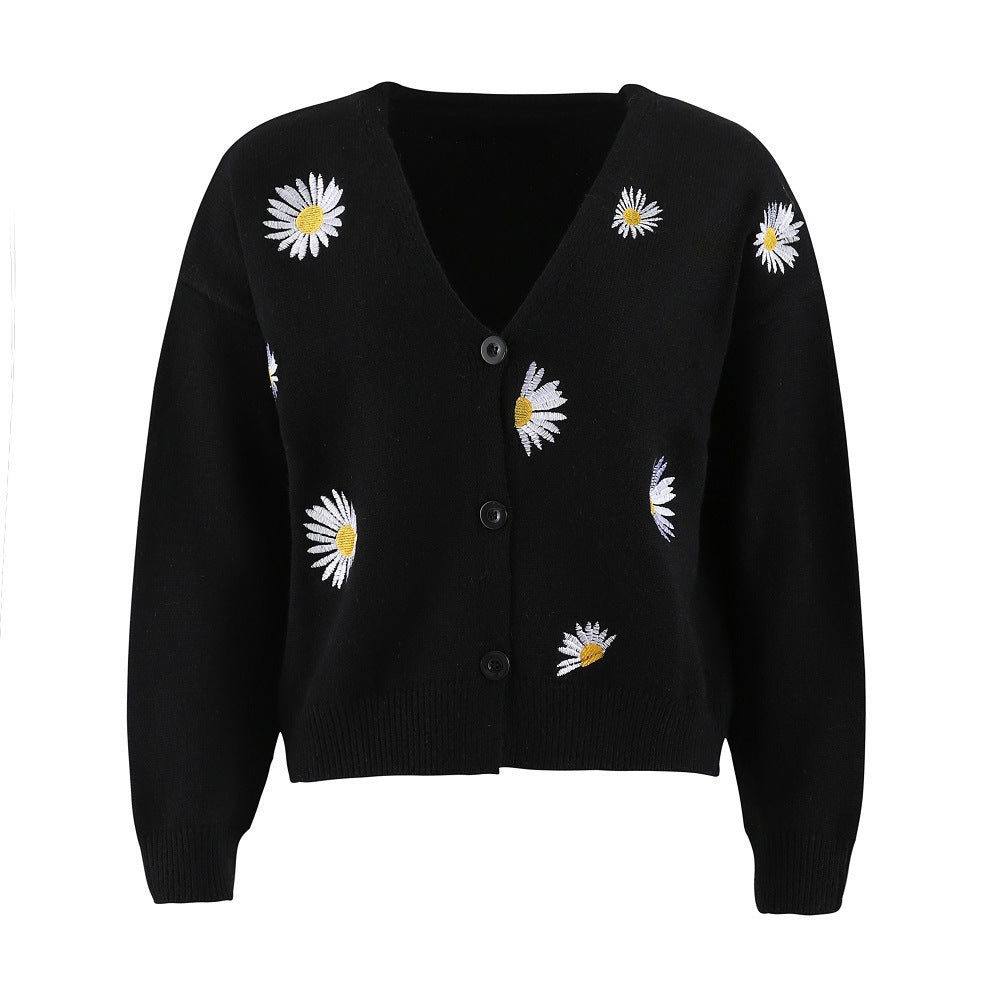 Damen Strickjacke mit Blumenstickerei und V-Ausschnitt ModeGeist