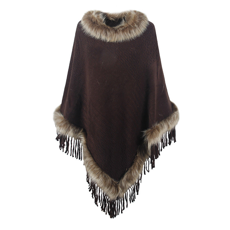 Damen eleganter Poncho mit luxuriösem Kunstfellkragen und dekadenten Fransen ModeGeist