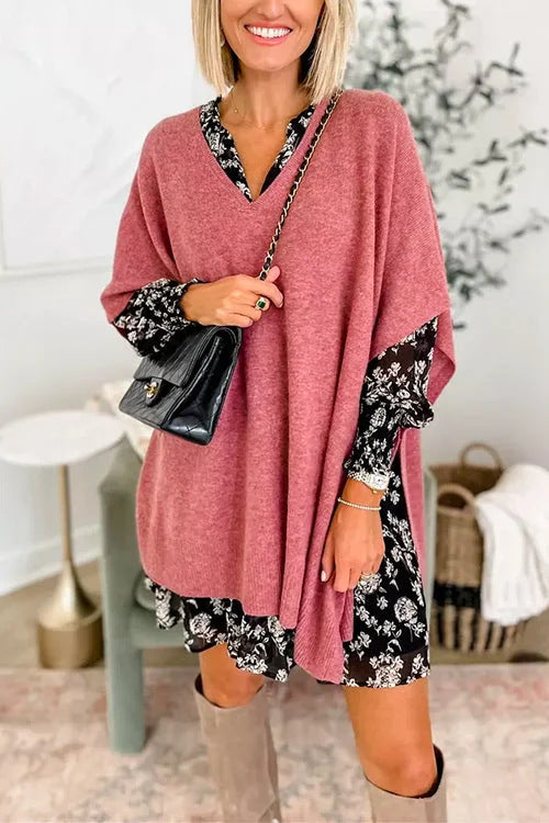 Damen lässiger Strickponcho mit V-Ausschnitt und überschnittenen Ärmeln ModeGeist