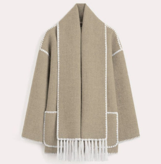 Damen Oversized Strickjacke mit Fransen und Taschen ModeGeist