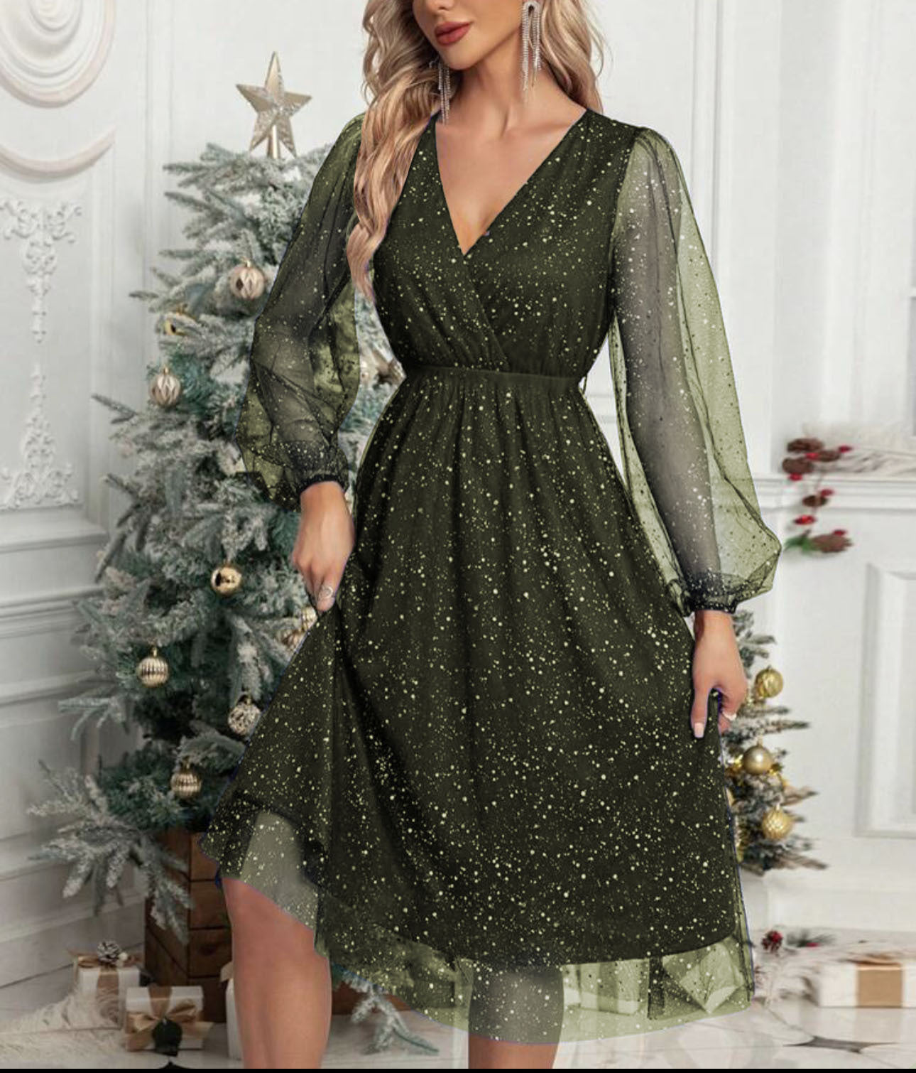 Damen Glamouröses Midikleid mit transparenten Puffärmeln und schimmerndem Paillettenmuster ModeGeist