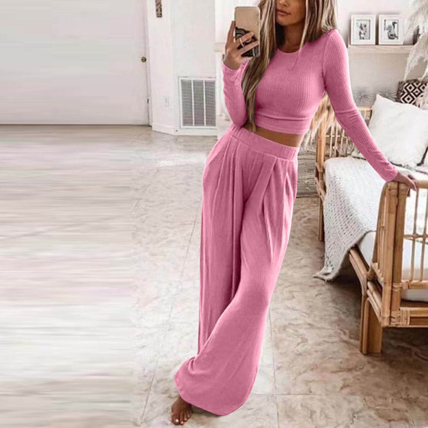 Damen Elegantes Lounge-Set mit langärmeligem Oberteil und weiten Hosen ModeGeist