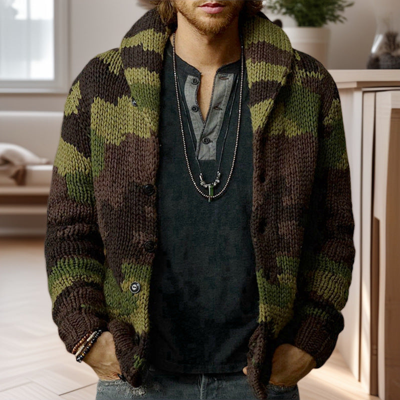 Herren Strickjacke im einzigartigen Camouflage-Design mit hohem Kragen ModeGeist