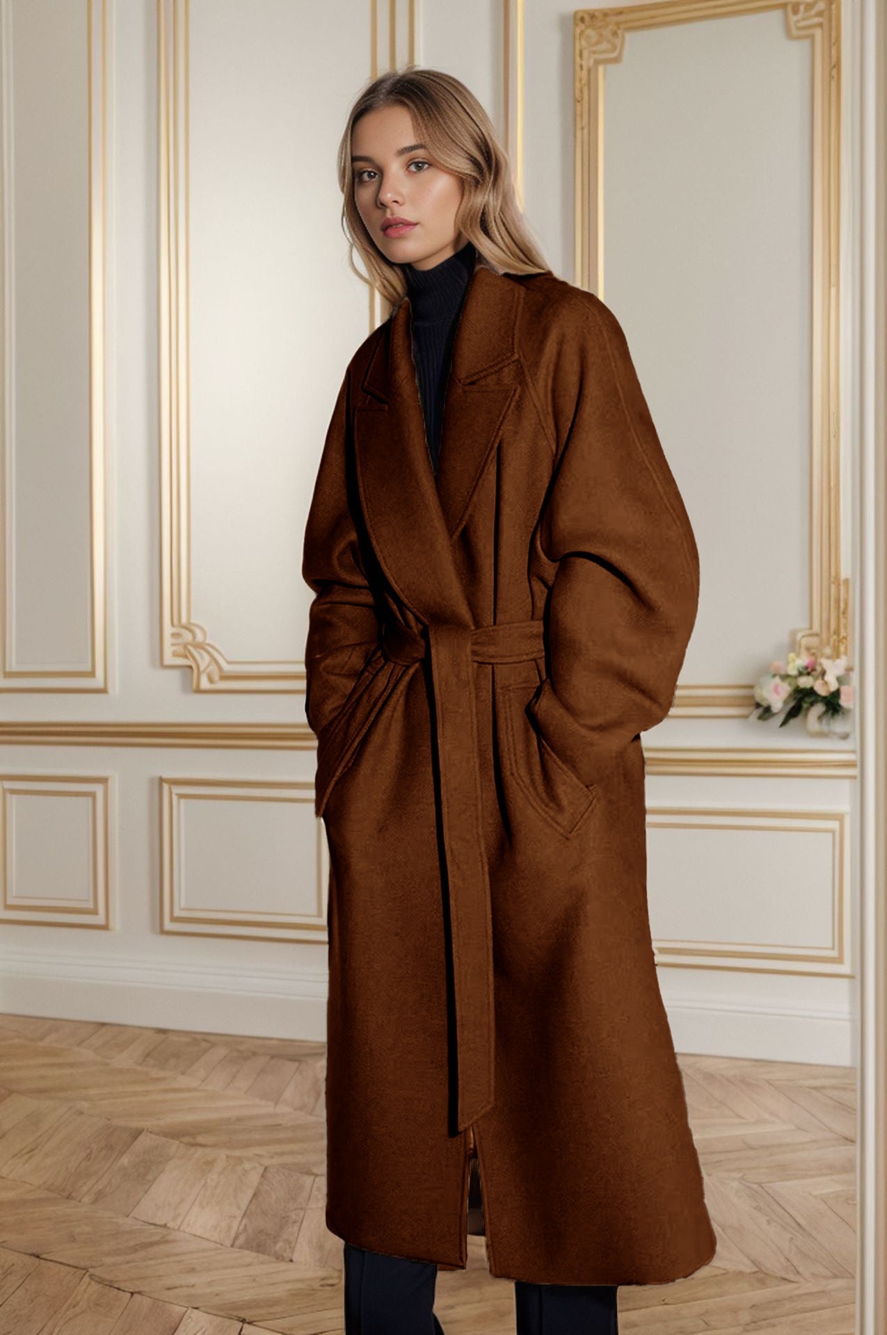 Damen eleganter Wollmantel mit Gürtel und weit geschnittenen Ärmeln ModeGeist