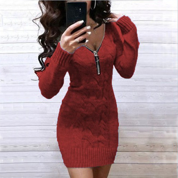 Damen Strickkleid mit Zipper und Kabelmuster ModeGeist