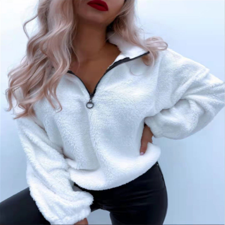 Modischer Damen-Fleecepullover mit kurzem Reißverschluss und weichem Teddyfleece