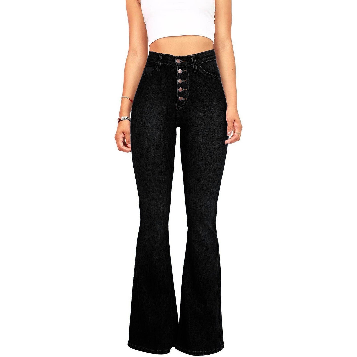 Damen Flared Jeans mit hohem Bund und dekorativer Knopfleiste ModeGeist