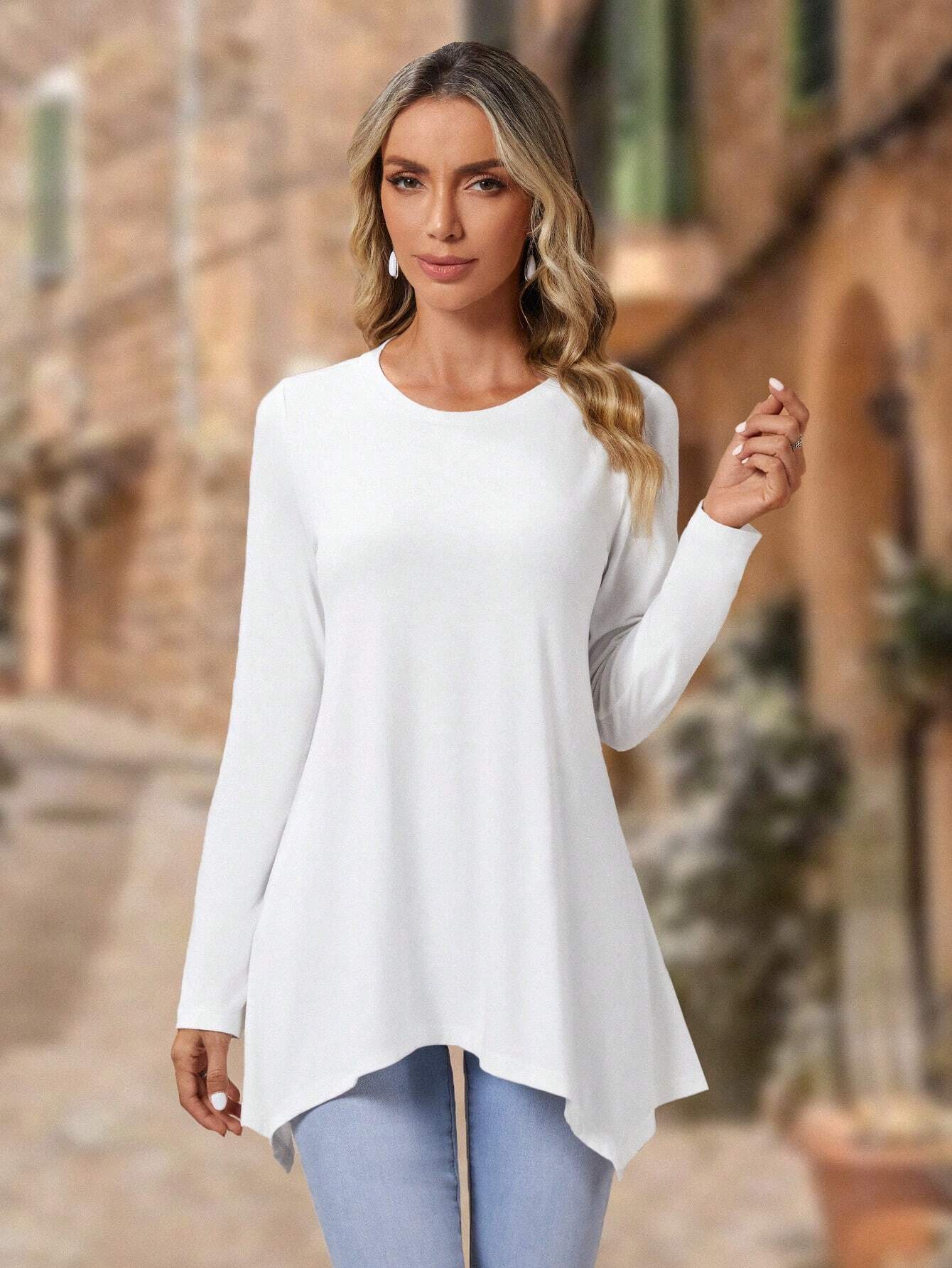 Damen Langarm-Oberteil mit asymmetrischem Schnitt und weichem Viskosematerial ModeGeist