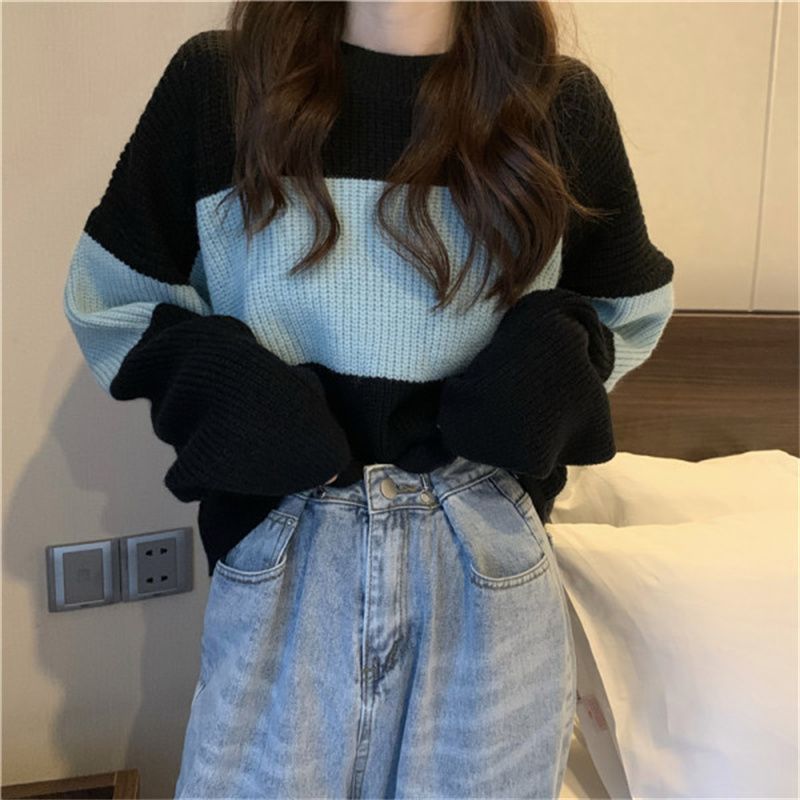 Damen Strickpullover mit weit geschnittenen Ärmeln und kontrastierendem Design ModeGeist