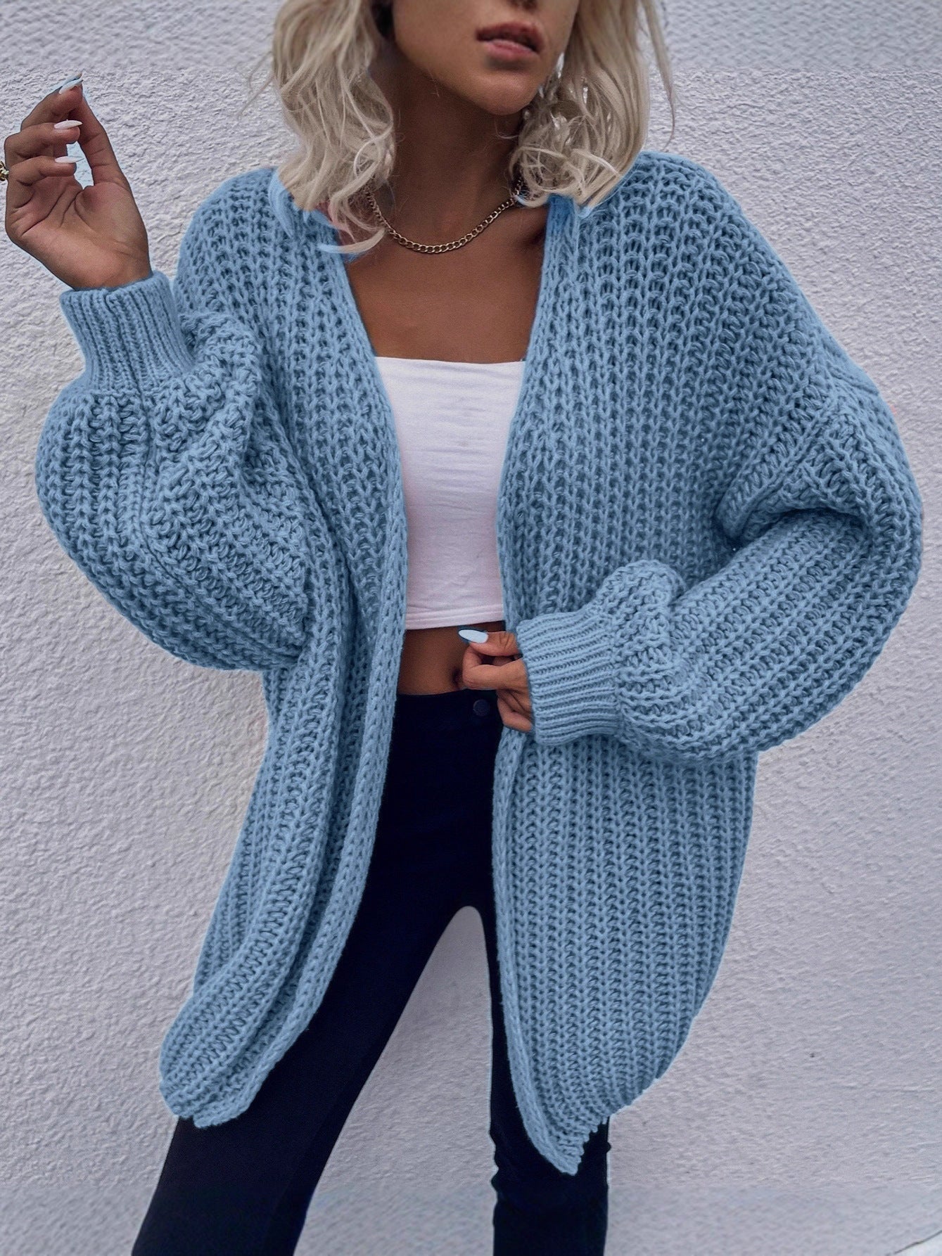 Damen lässiger Grobstrick-Cardigan mit tiefen Taschen und voluminösen Ärmeln ModeGeist