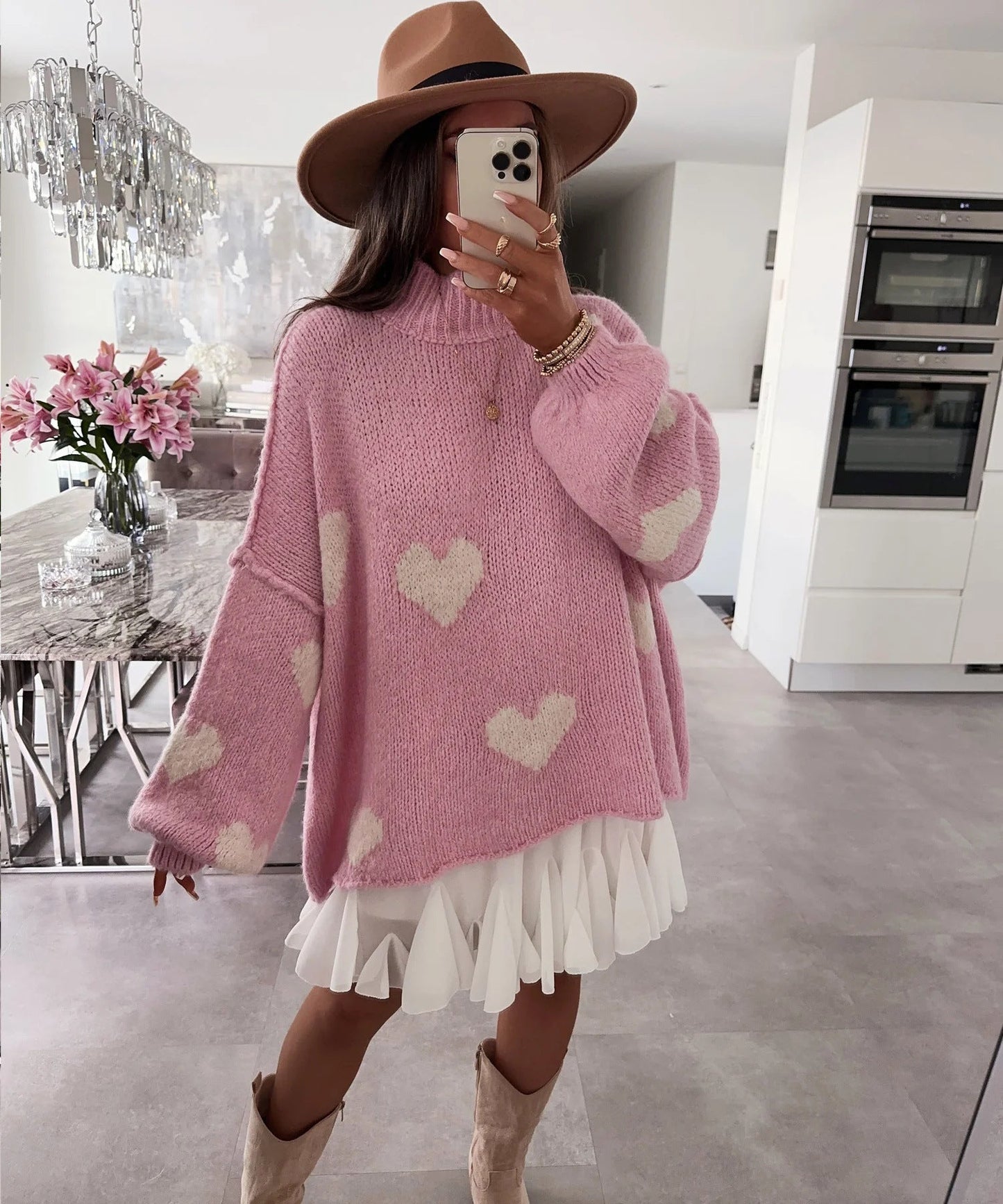 Damen grob gestrickter Pullover mit Herzmotiven und lässigem Schnitt ModeGeist
