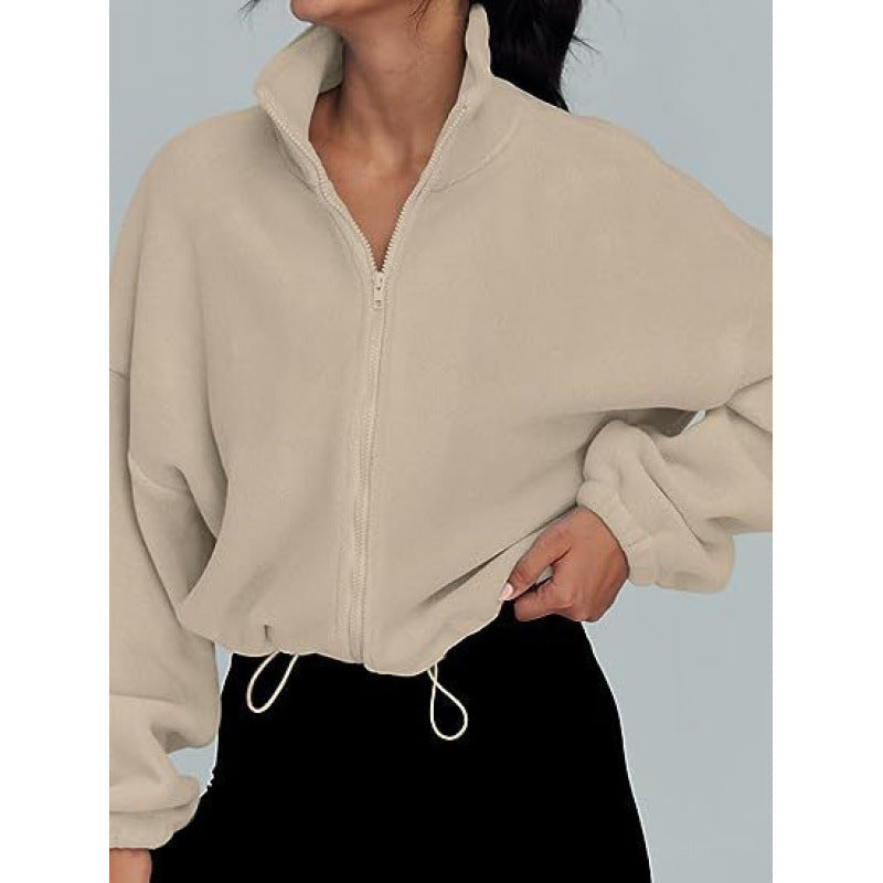 Damen trendy Oversize-Zip-Pullover mit hohem Kragen und Kordelzug ModeGeist