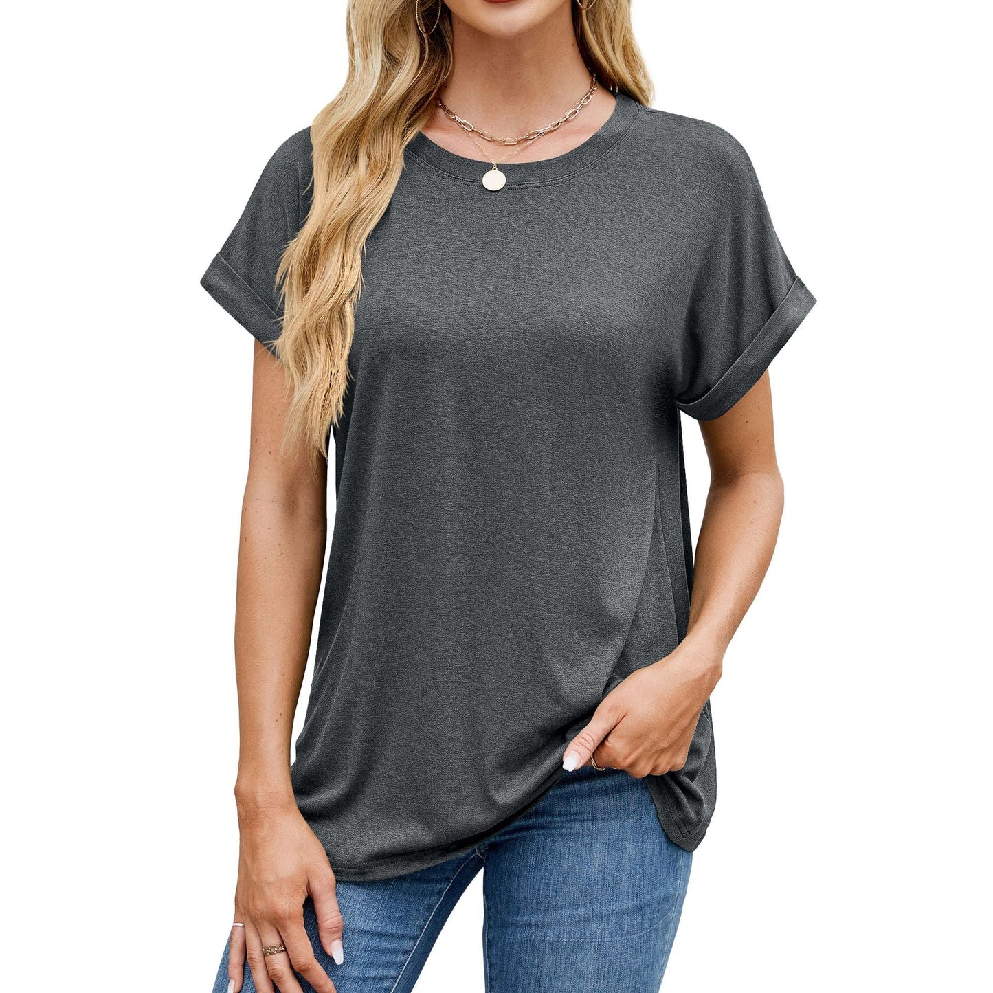 Fudus Basics: Einfarbiges, lockeres Rundhals-T-Shirt
