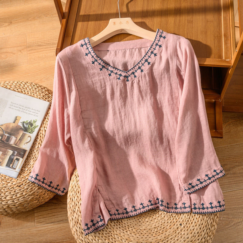 MODEGEIST Damen V-Ausschnitt Bluse Bestickt Kurzarm Leicht