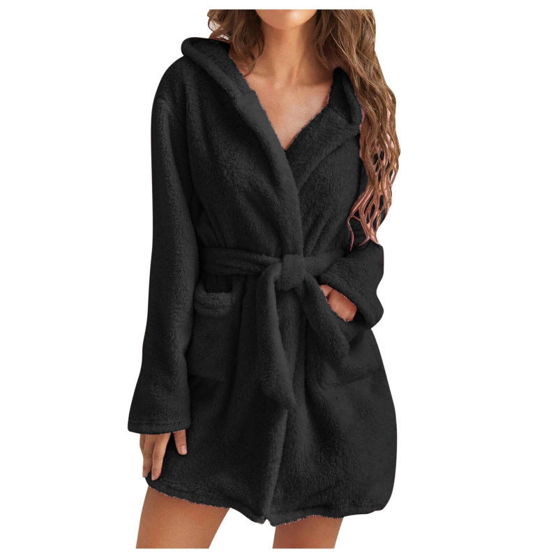 Modische Damen-Fleece-Bademäntel mit Kapuze und Taschen