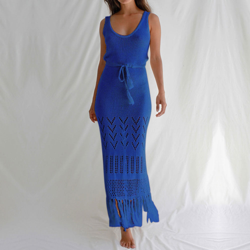 Modisches Maxikleid für Damen, gehäkelt und mit Fransen