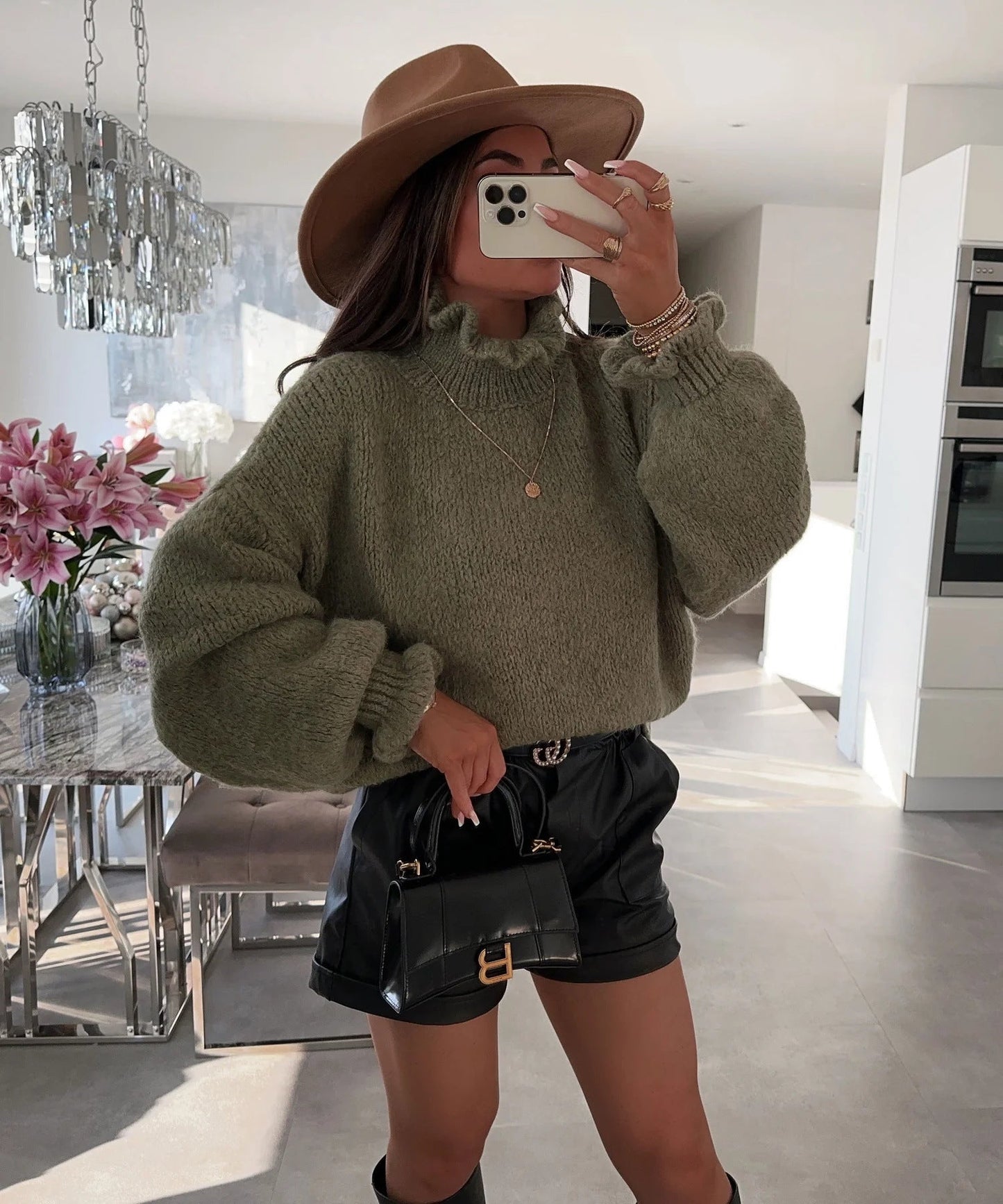 Damen kuscheliger Rollkragenpullover mit weiten Ärmeln und strukturellem Design ModeGeist
