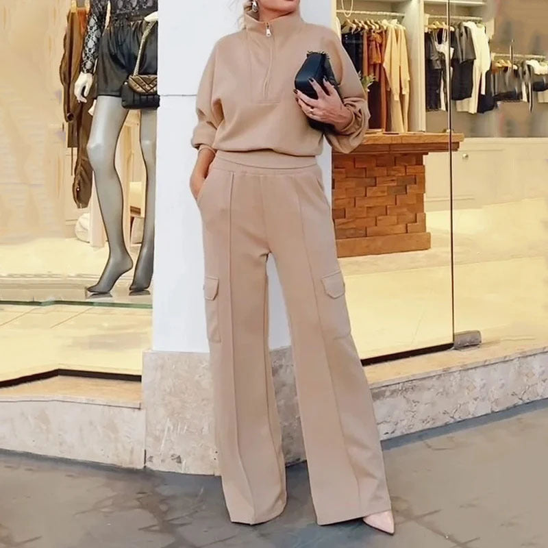Damen Freizeit-Loungewear Set mit hohem Kragen und seitlichen Taschen ModeGeist