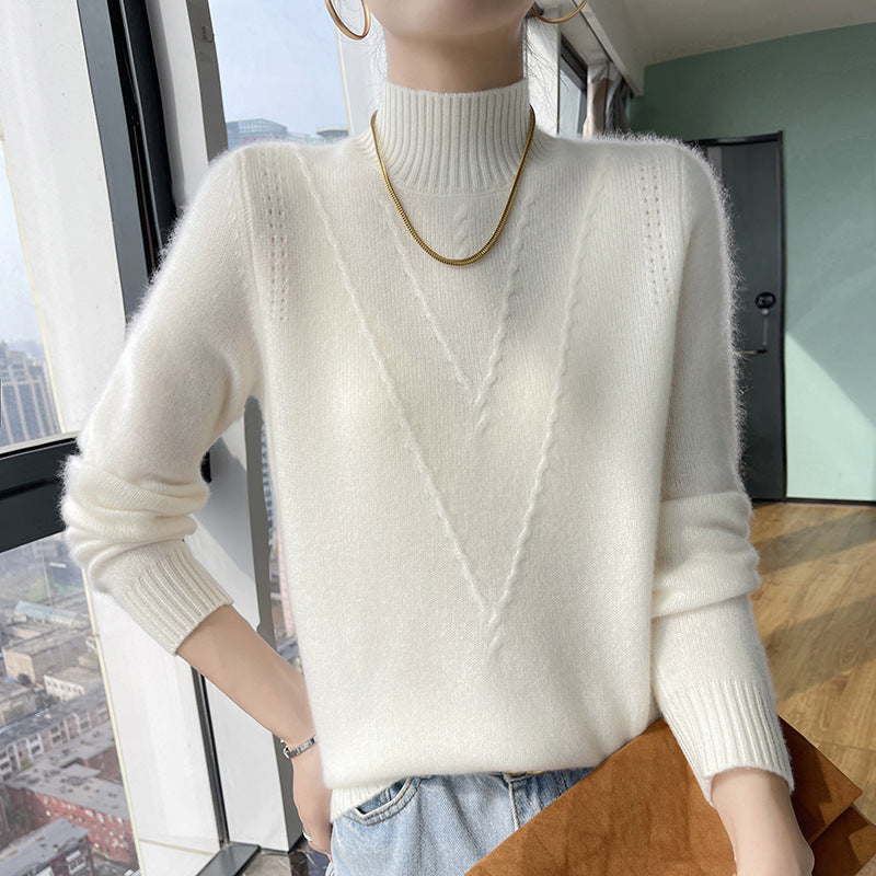 Damen weicher Strickpullover mit hohen Kragen und V-Design ModeGeist